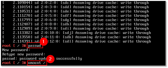 Changing the root password and unmounting the file system
